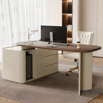 Brown Wood Top White Base L-Shape Oval Executive Desk