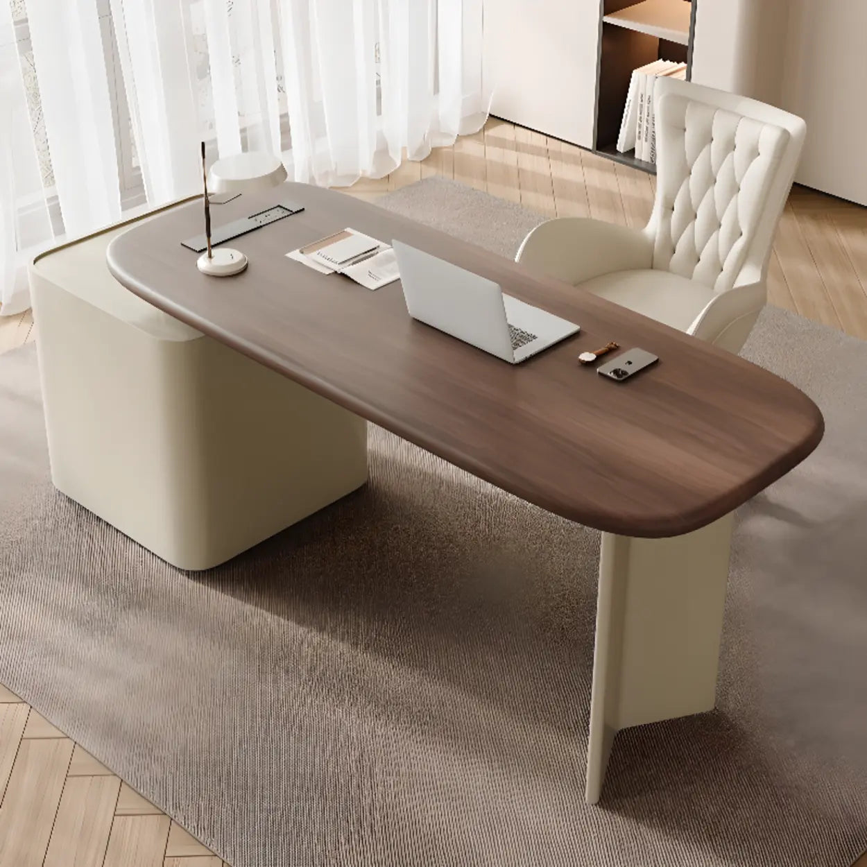 Brown Wood Top White Base L-Shape Oval Executive Desk