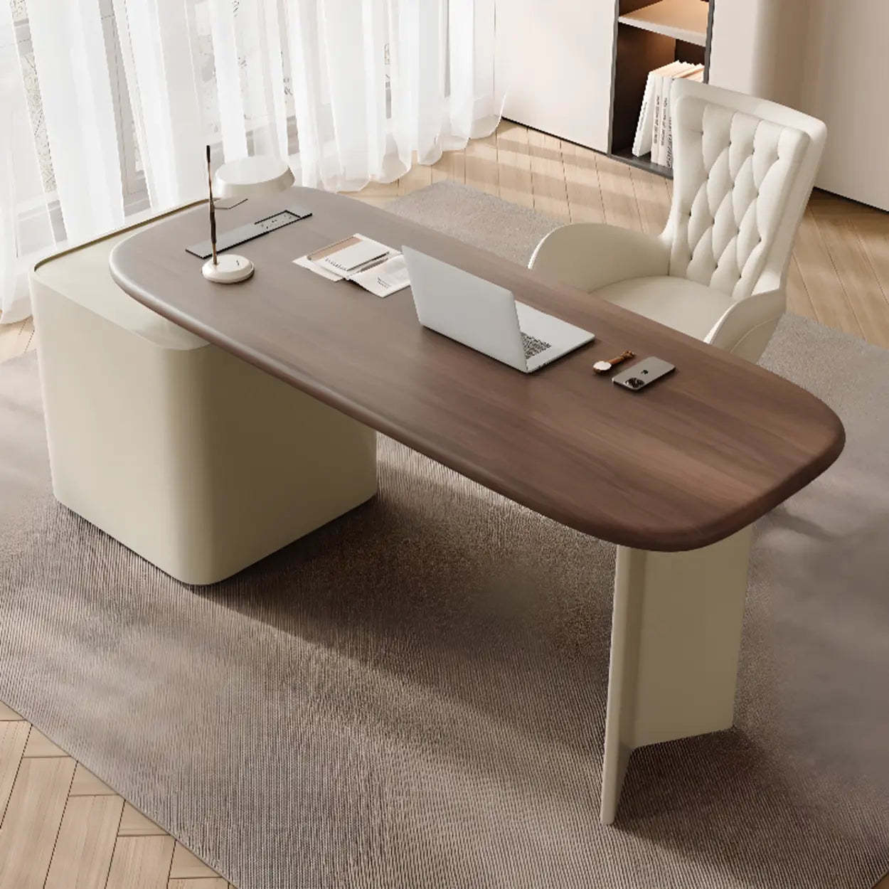 Brown Wood Top White Base L-Shape Oval Executive Desk