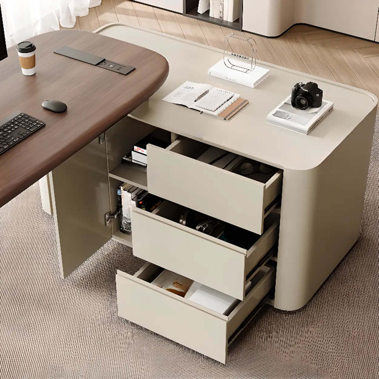Brown Wood Top White Base L-Shape Oval Executive Desk