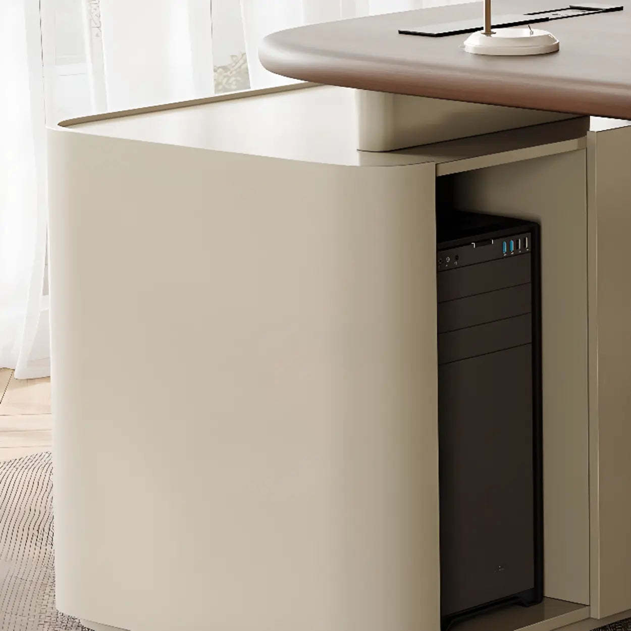 Brown Wood Top White Base L-Shape Oval Executive Desk