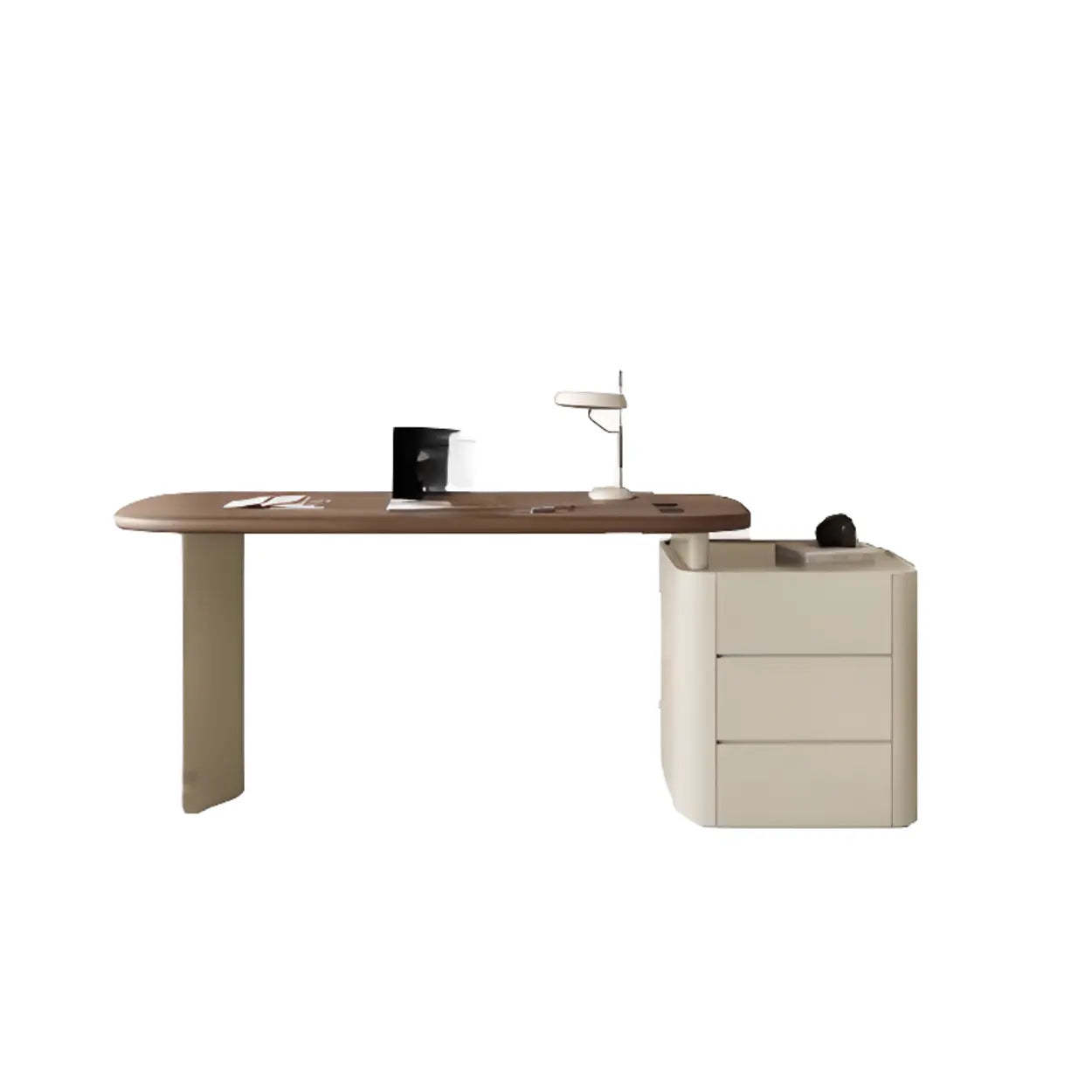 Brown Wood Top White Base L-Shape Oval Executive Desk