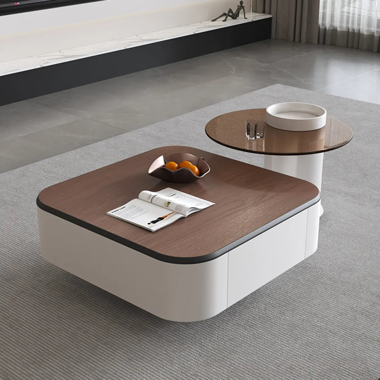 Brown Wood Top White Iron Base Square Nesting Tables