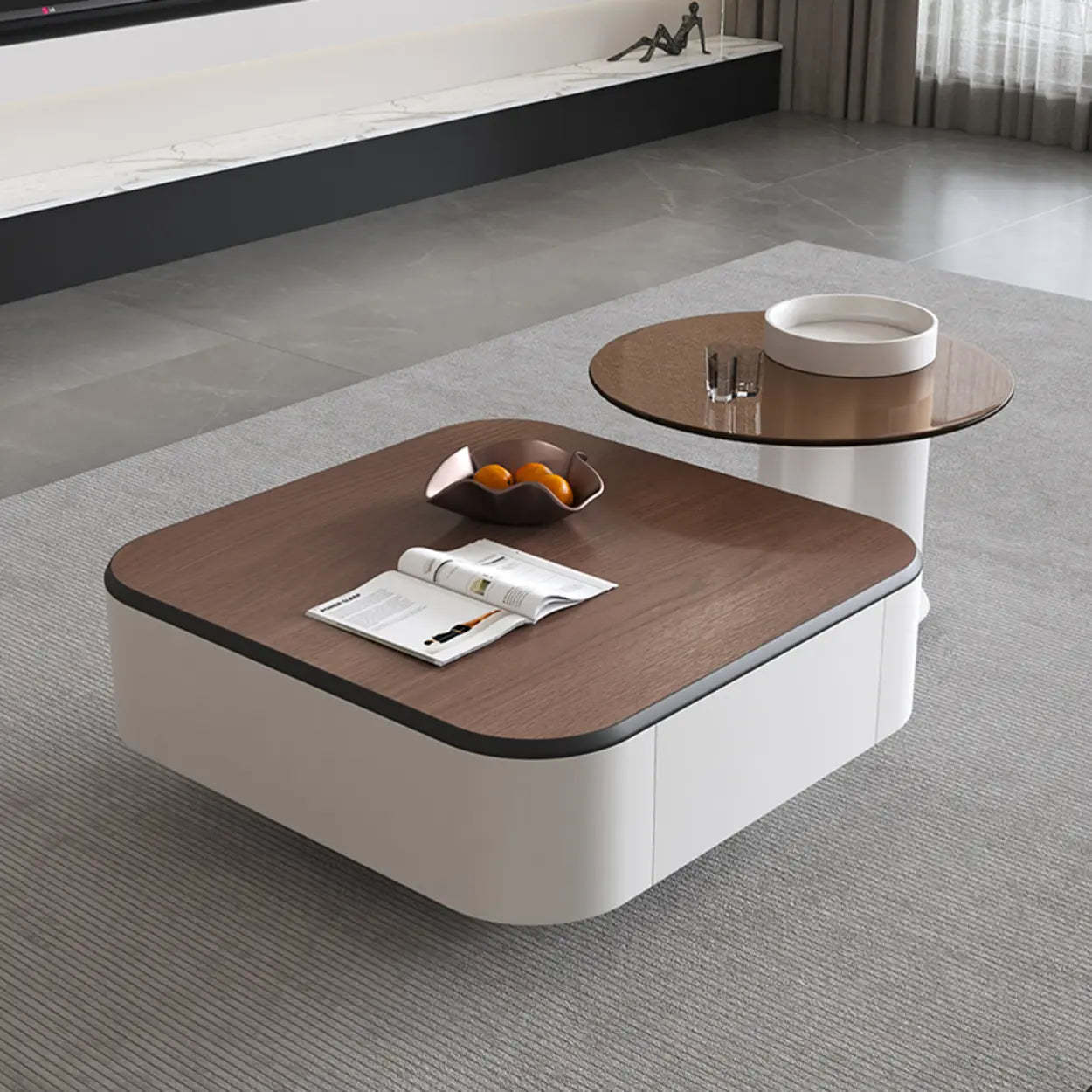 Brown Wood Top White Iron Base Square Nesting Tables