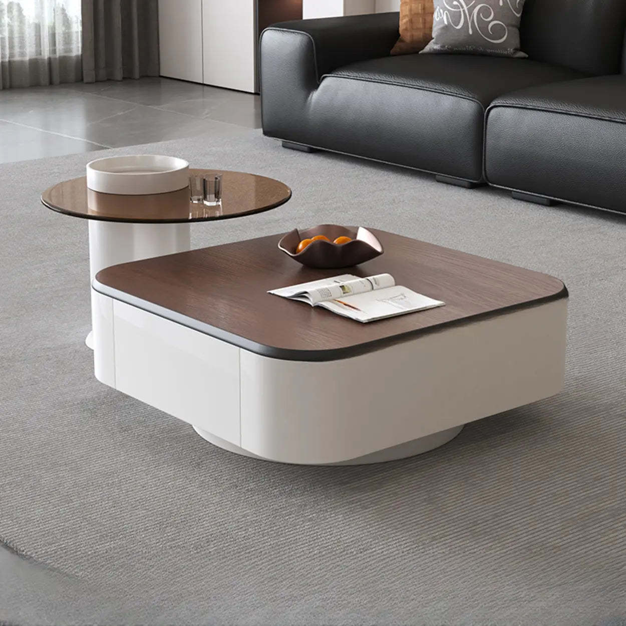Brown Wood Top White Iron Base Square Nesting Tables