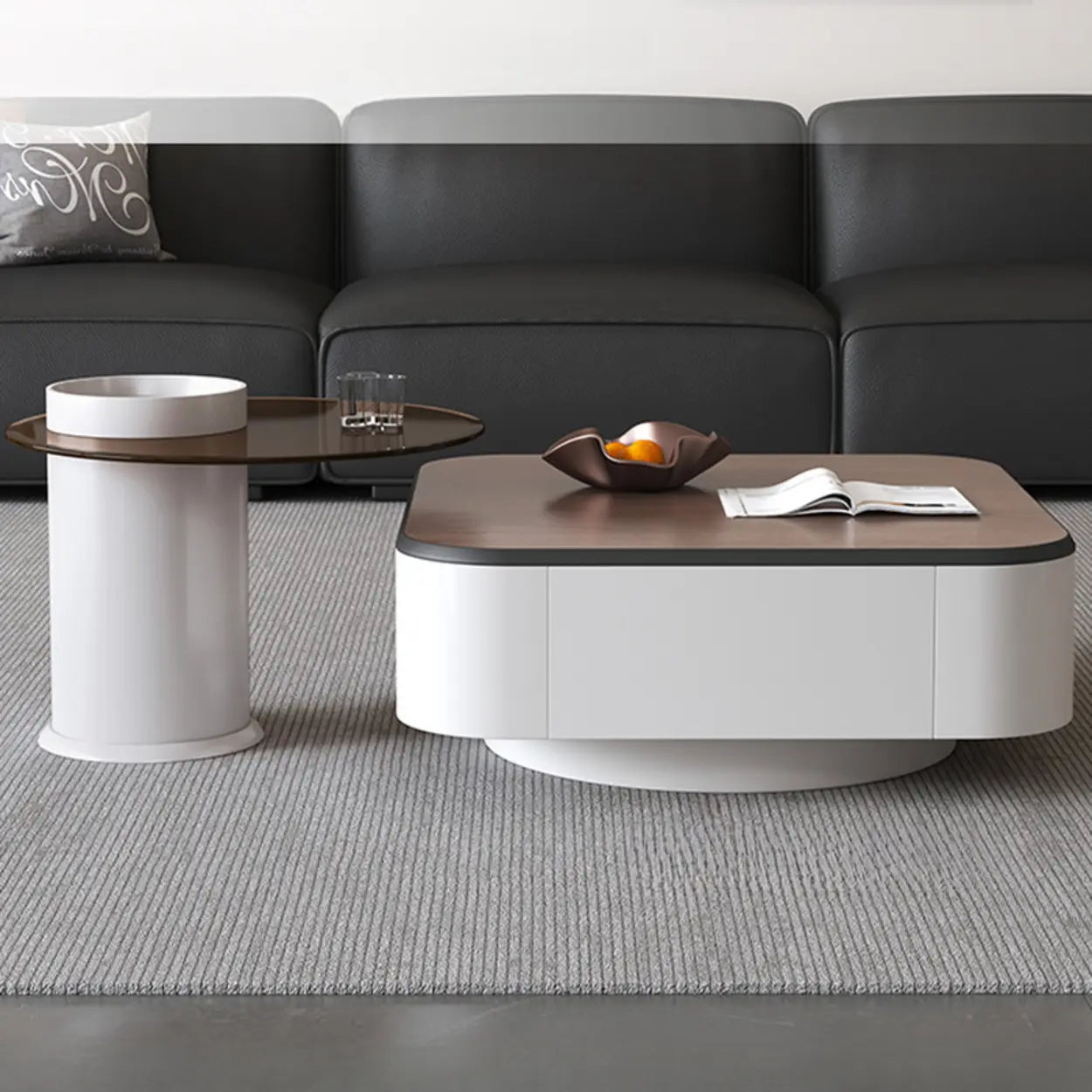 Brown Wood Top White Iron Base Square Nesting Tables