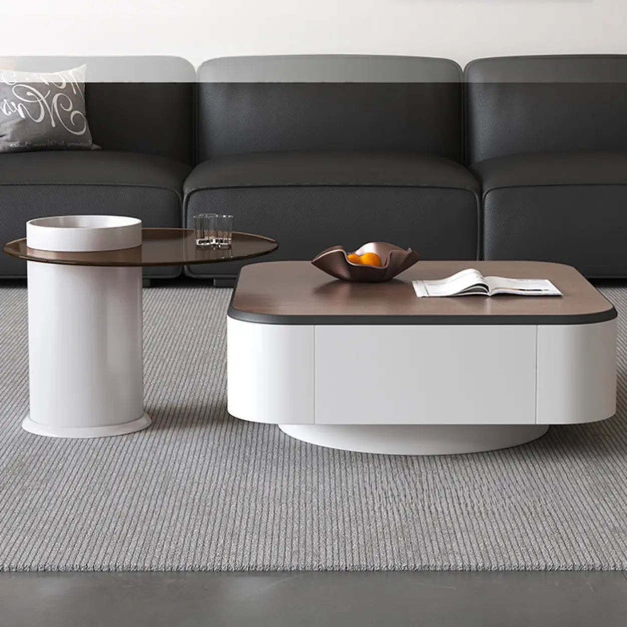 Brown Wood Top White Iron Base Square Nesting Tables
