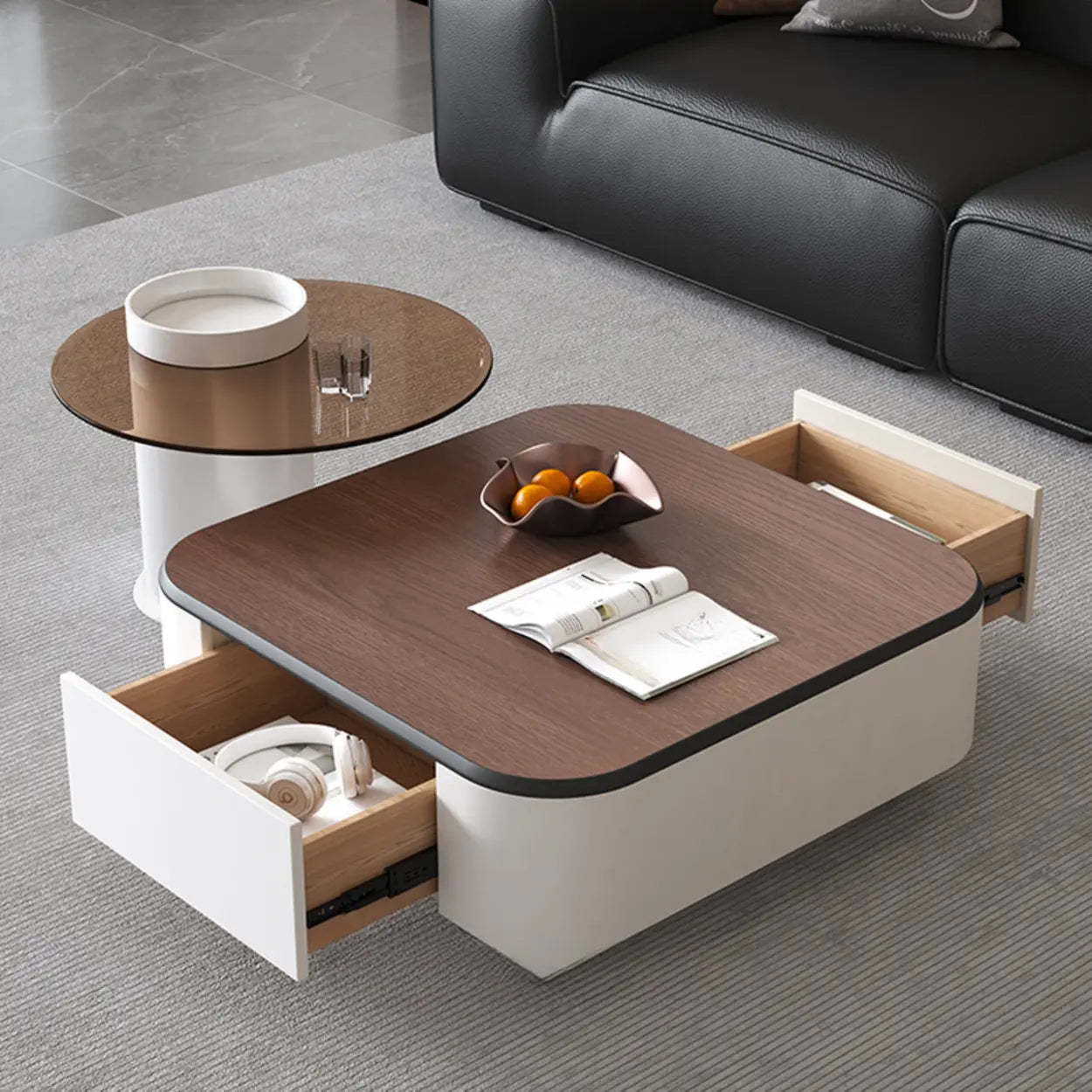 Brown Wood Top White Iron Base Square Nesting Tables