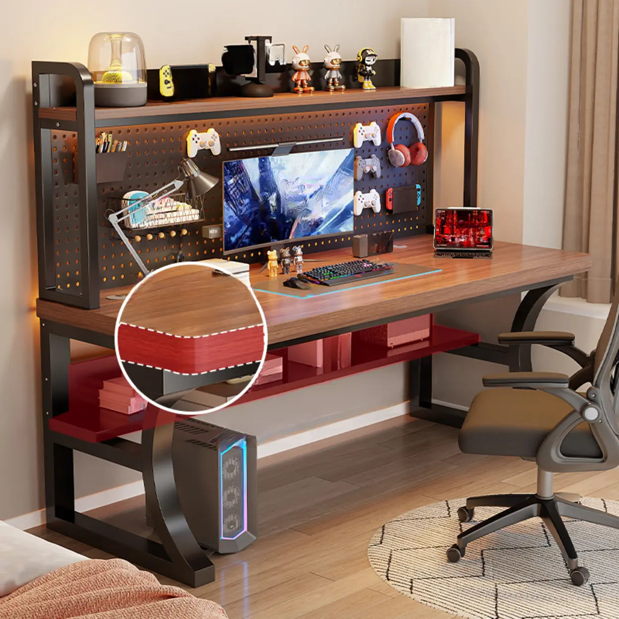 Brown Wood Computer Desk with Storage — Black / Table Only