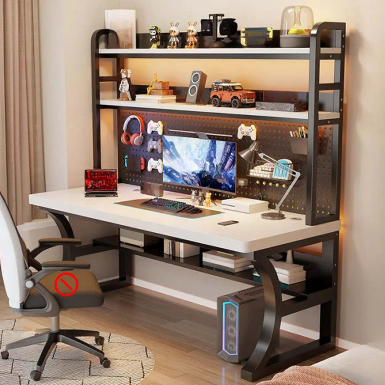 Brown Wood Computer Desk with Storage — White-Black / Table Only