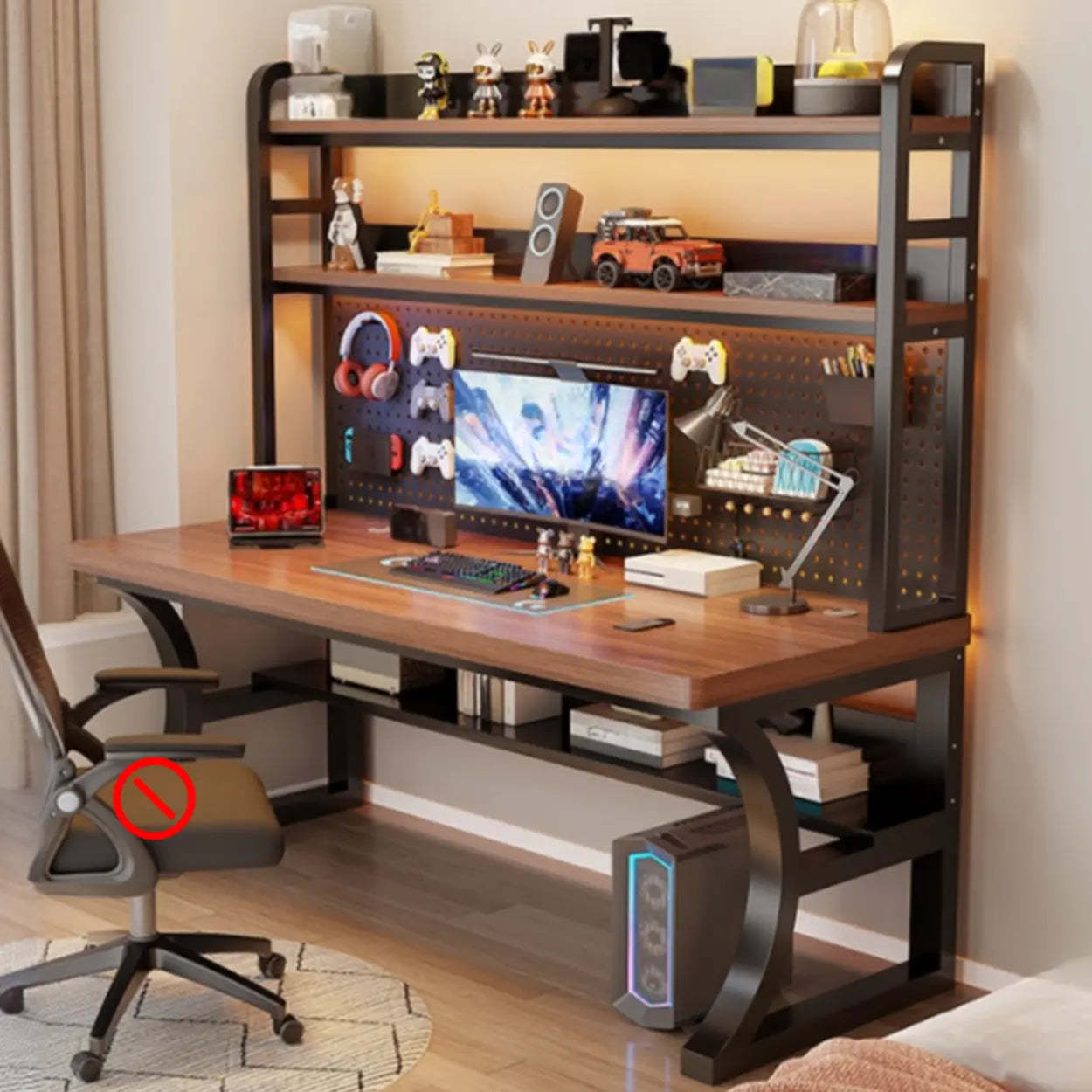 Brown Wood Computer Desk with Storage — Black / Table Only