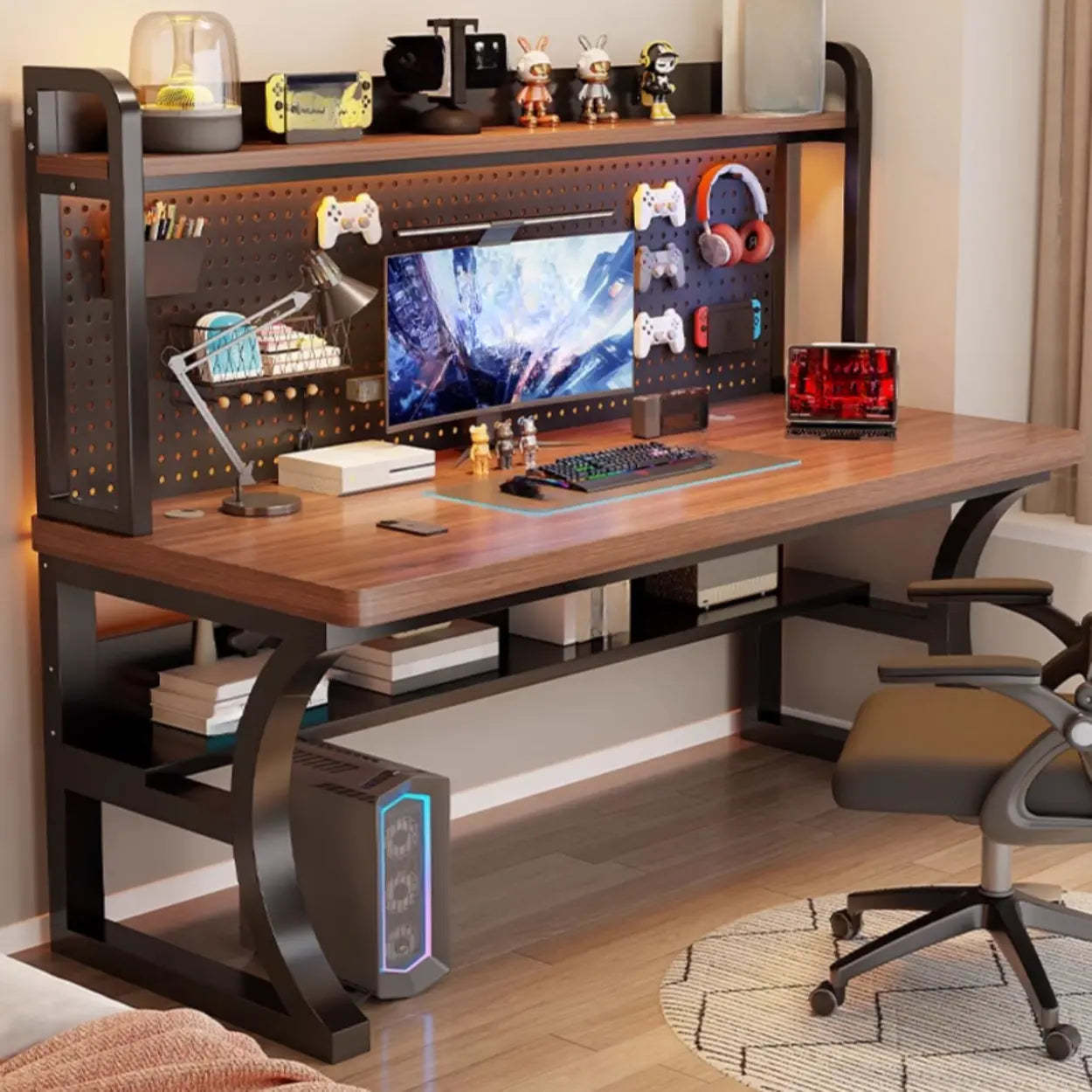 Brown Wood Computer Desk with Storage — Black / Table Only