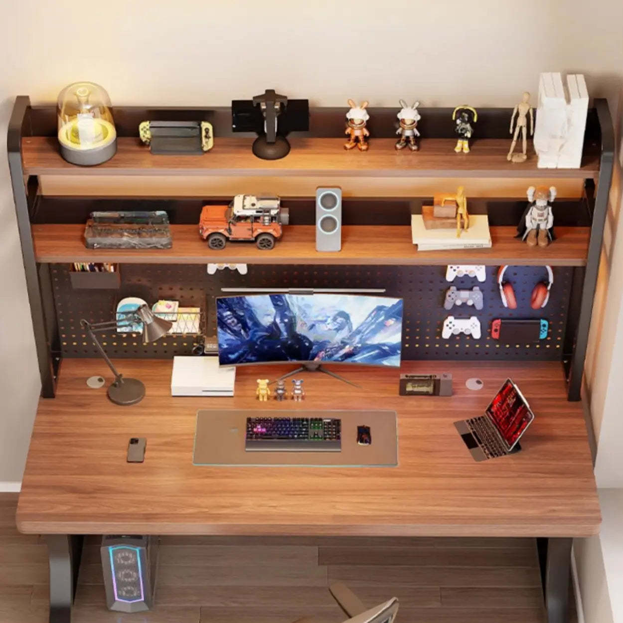 Brown Wood Computer Desk with Storage — Black-White / Table Only