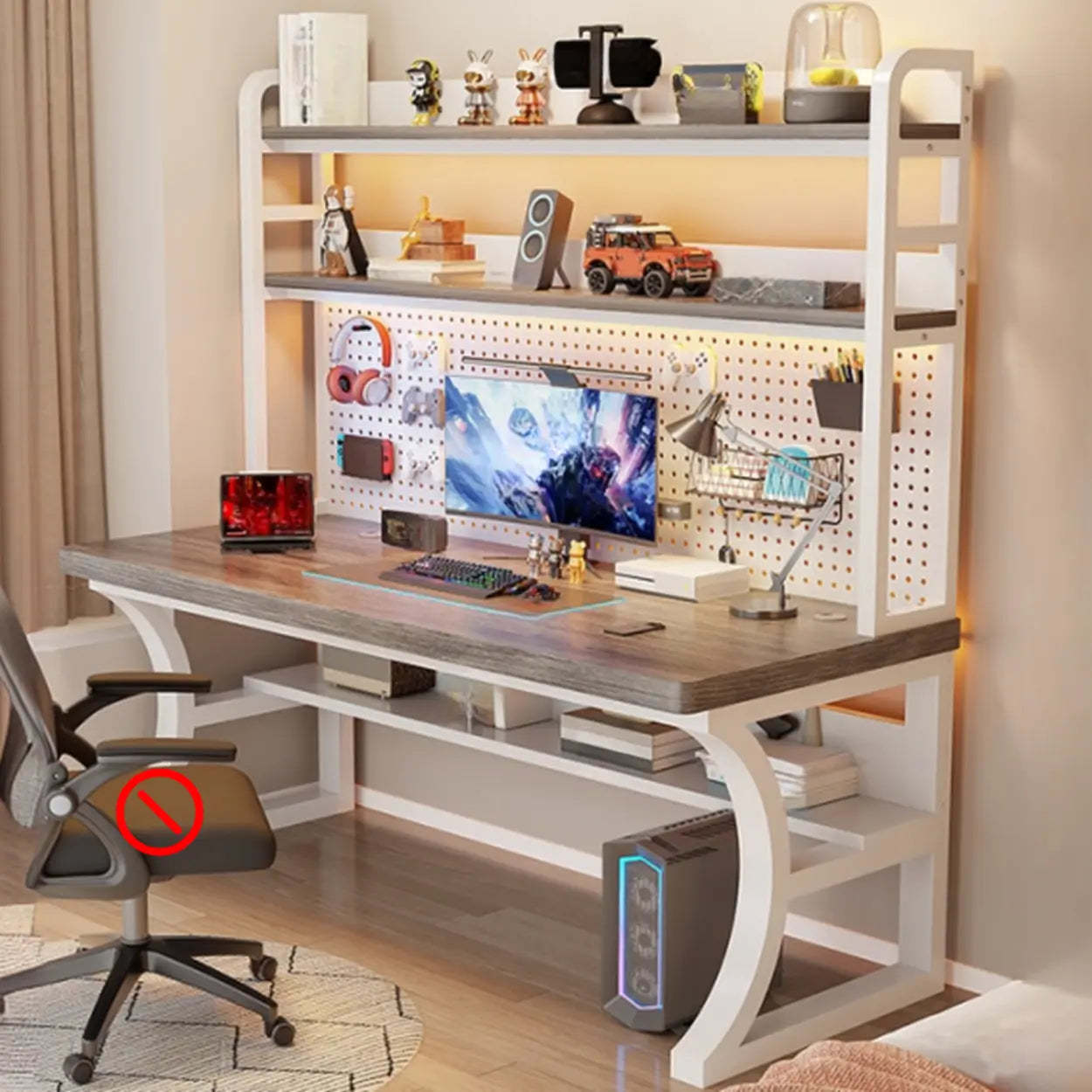 Brown Wood Computer Desk with Storage — Black-White / Table Only