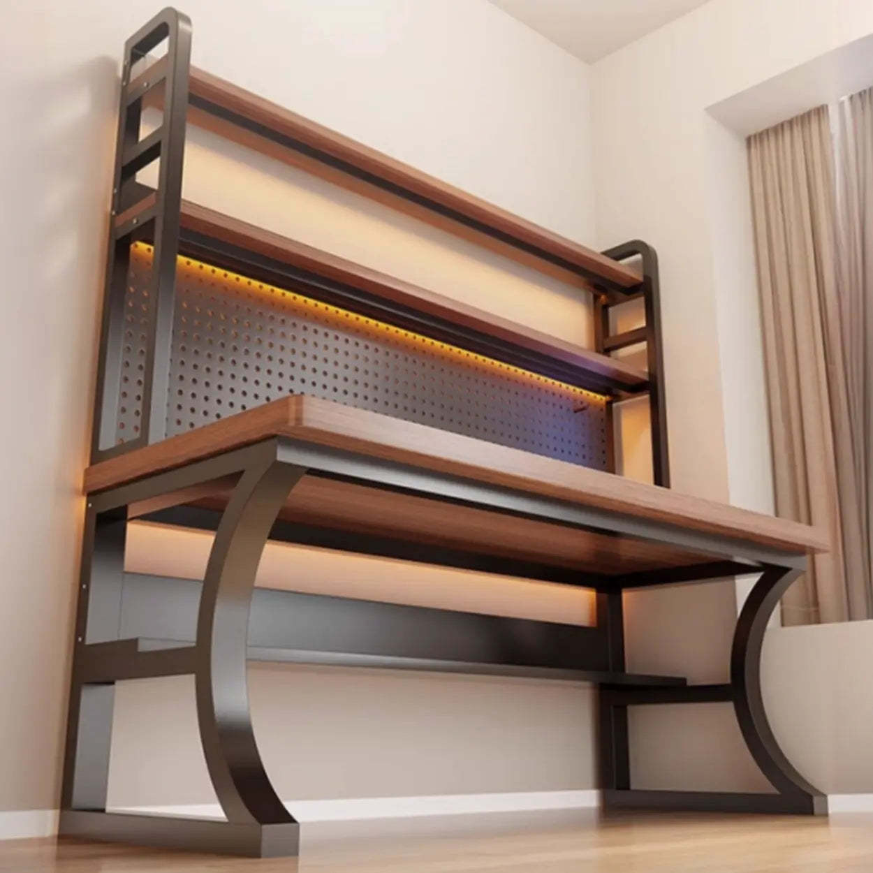 Brown Wood Computer Desk with Storage — Black-White / Table Only