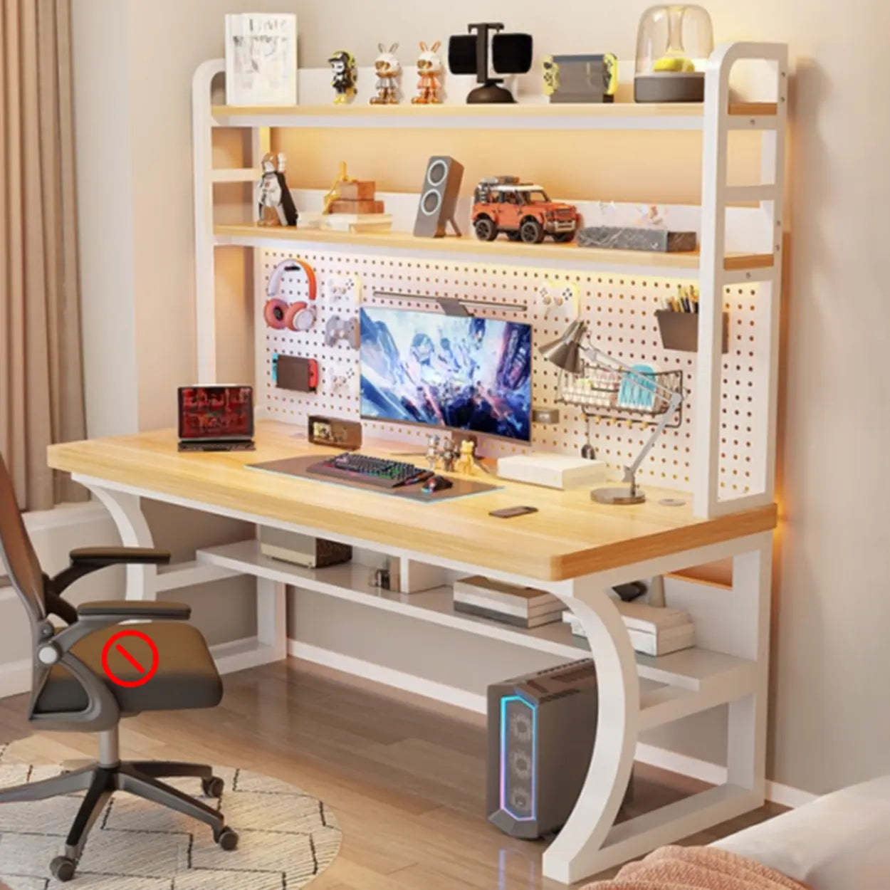 Brown Wood Computer Desk with Storage — Black-White / Table Only