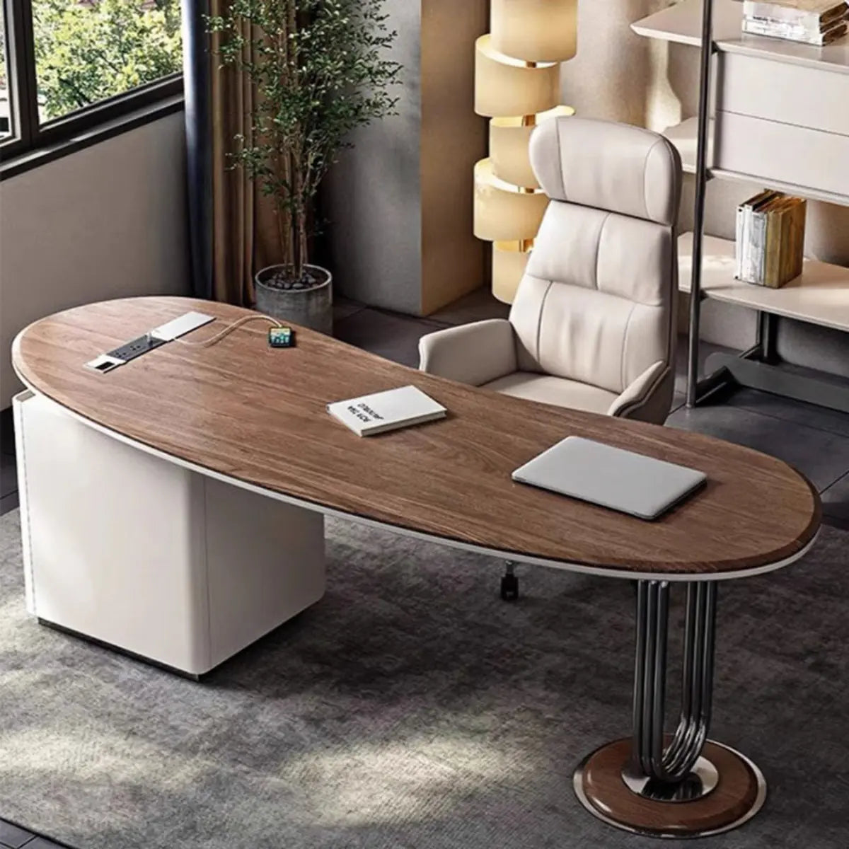Brown Wood Curved Reception Desk with Drawers — Without Chairs