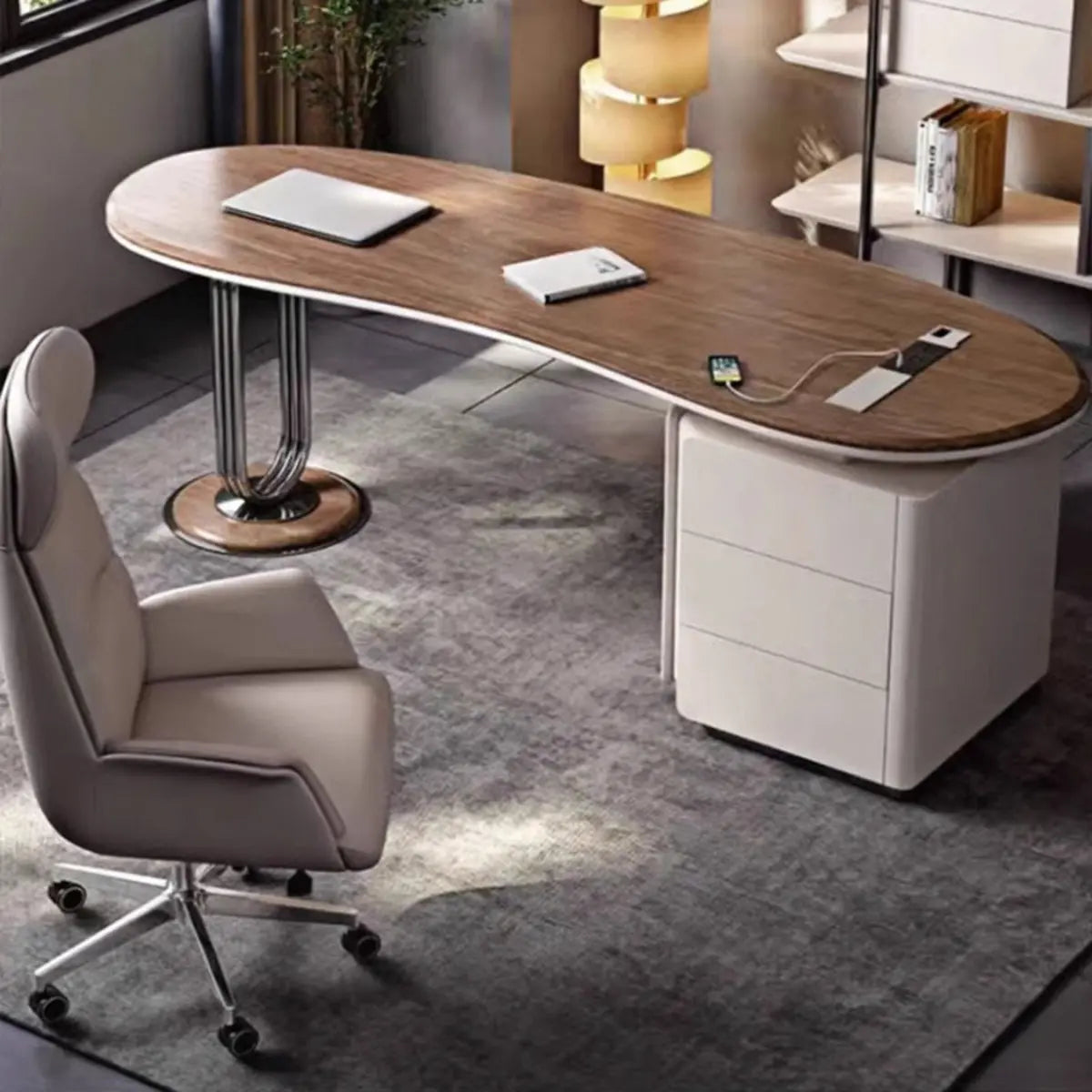Brown Wood Curved Reception Desk with Drawers — Without Chairs