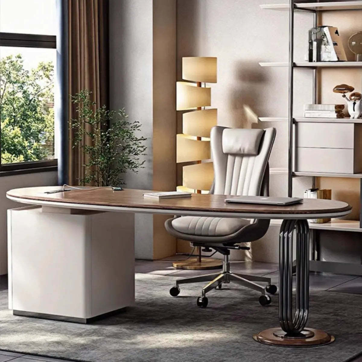 Brown Wood Curved Reception Desk with Drawers — Without Chairs