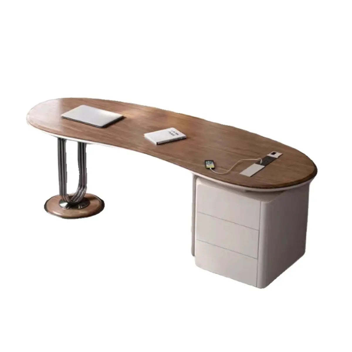 Brown Wood Curved Reception Desk with Drawers
