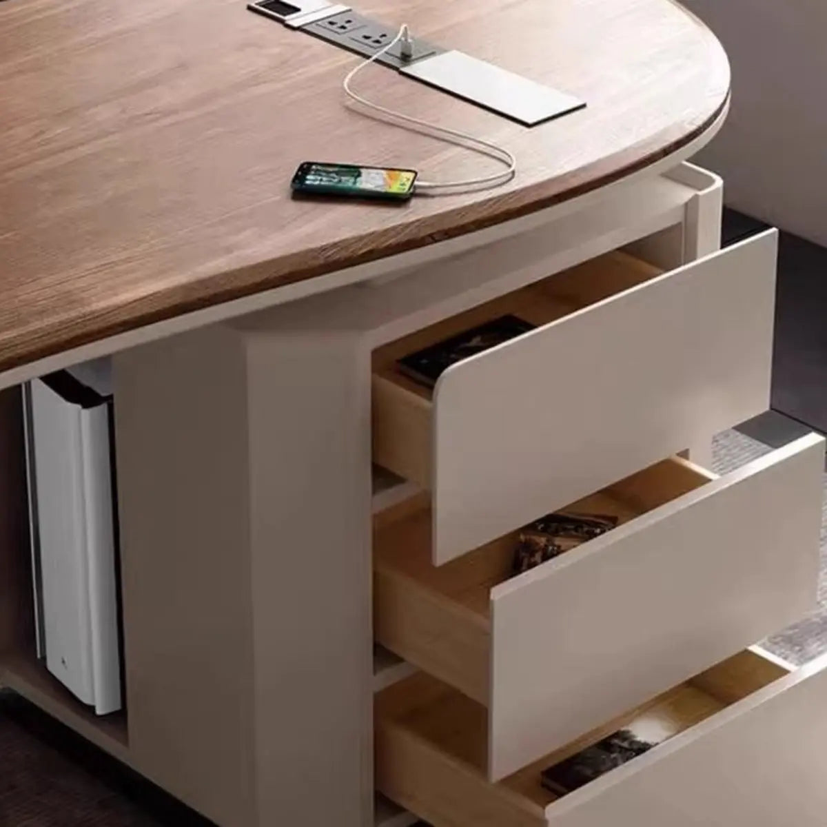 Brown Wood Curved Reception Desk with Drawers