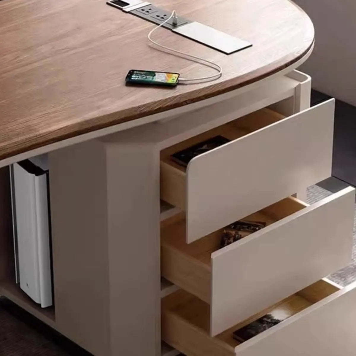 Brown Wood Curved Reception Desk with Drawers