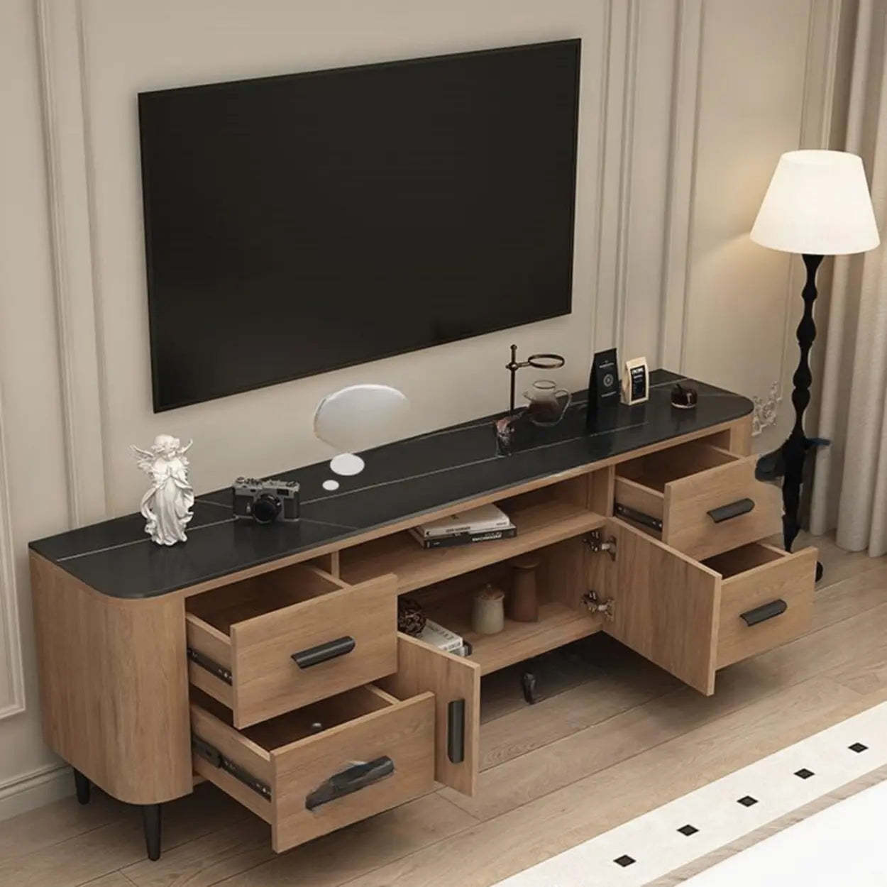 Brown Wood Drawer Cabinet Rectangular TV Stand
