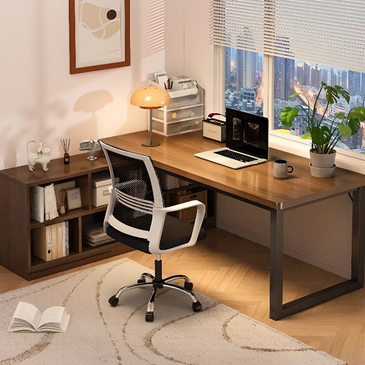 Brown Wood Shelf L-Shaped Writing Desk