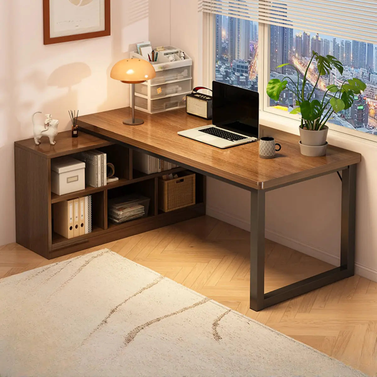 Brown Wood Shelf L-Shaped Writing Desk — Without Chairs