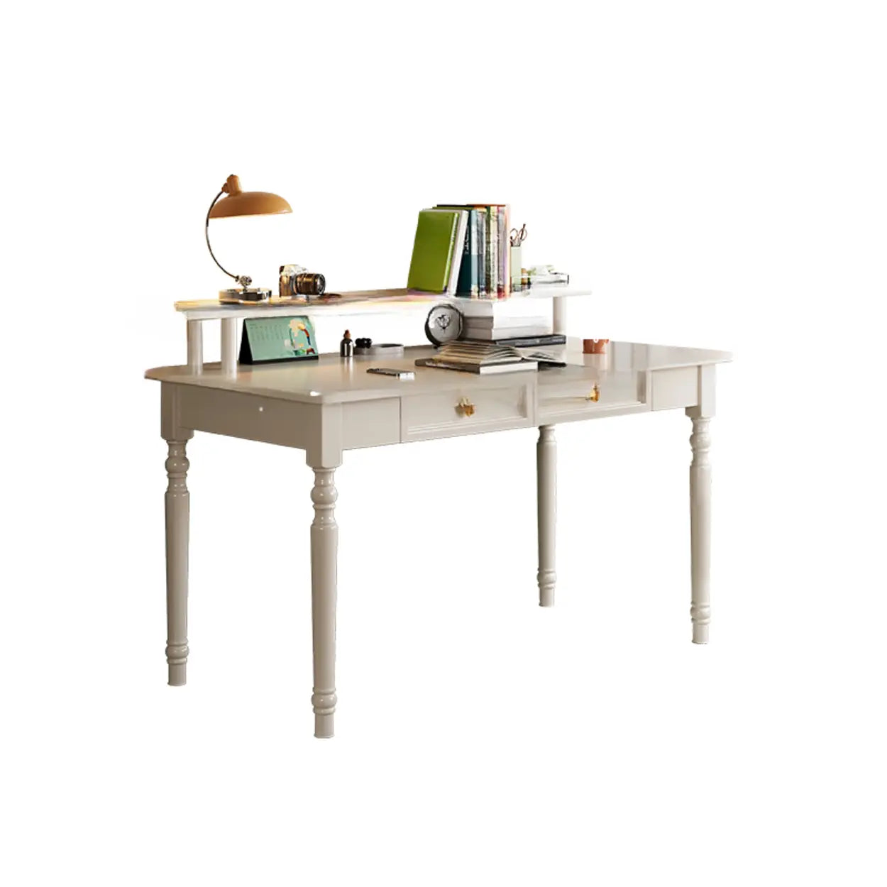Brown Wood Hutch Drawer Writing Desk — Natural Finish / Table Only