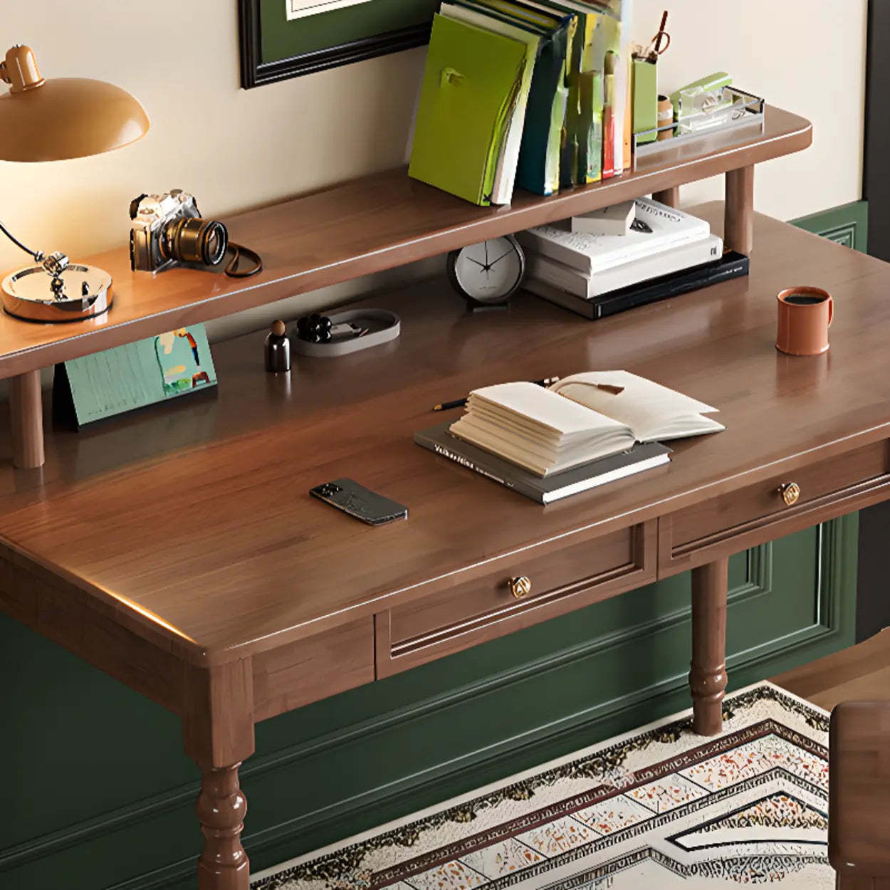 Brown Wood Hutch Drawer Writing Desk — Brown / Table Only