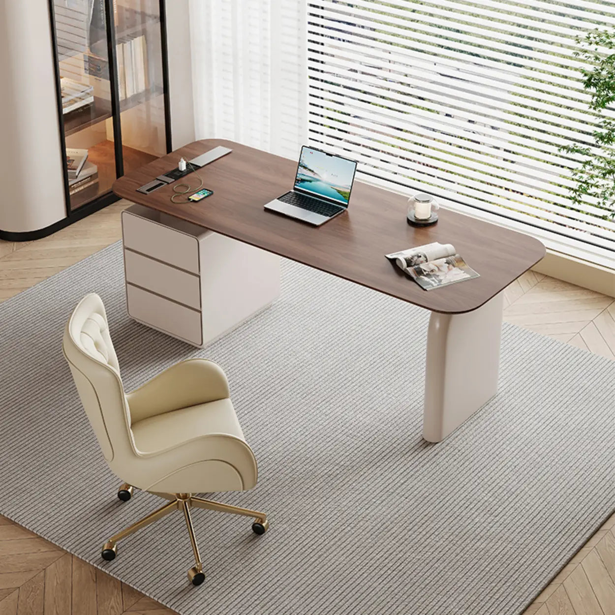 Brown Wood Rectangular Executive Desk with Drawers — Table Only