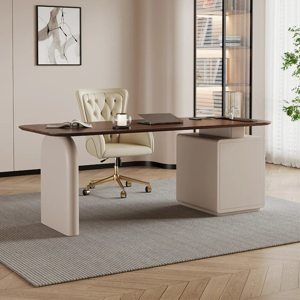 Brown Wood Rectangular Executive Desk with Drawers — Table Only