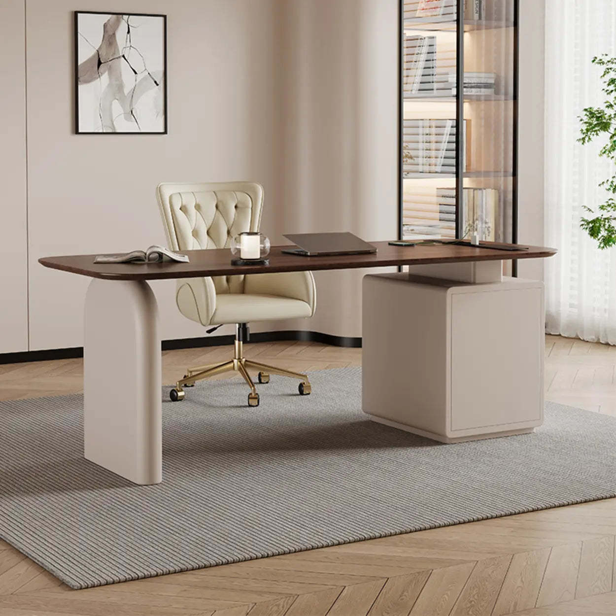 Brown Wood Rectangular Executive Desk with Drawers — Table Only