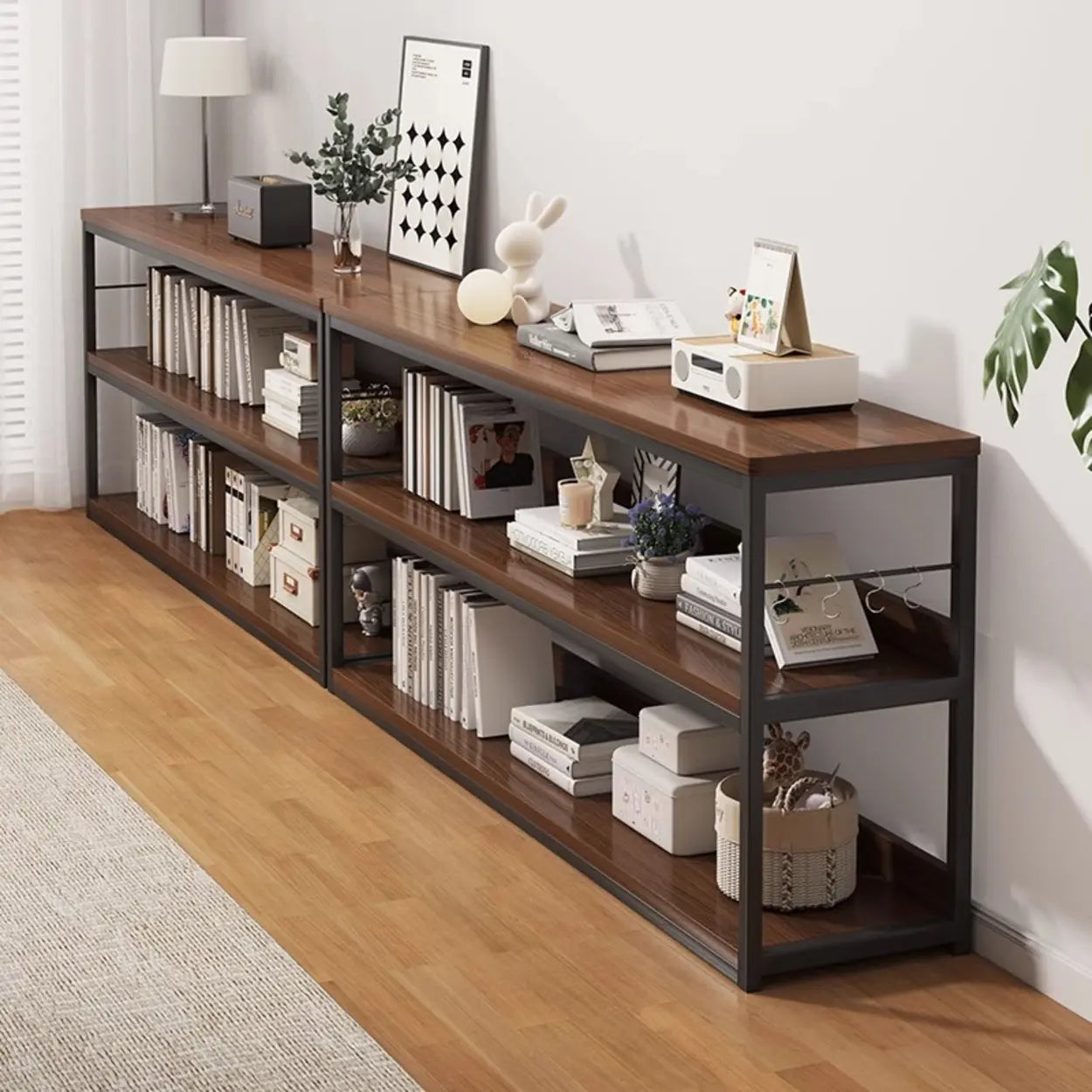 Brown Wood Open Metal Frame Wide Bookcase