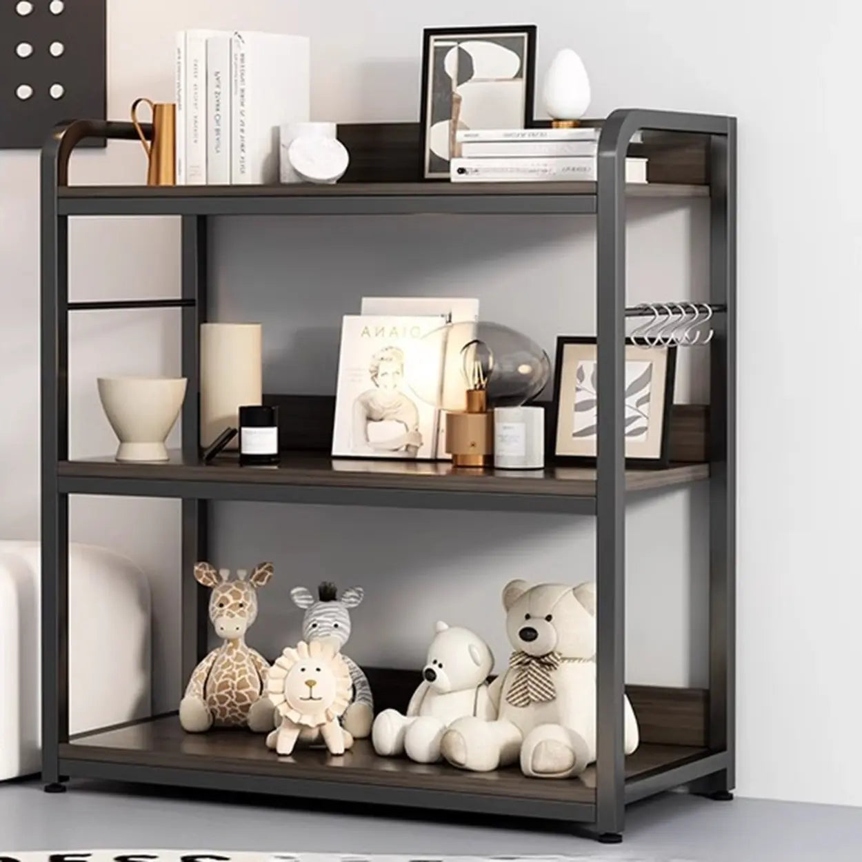 Brown Wood Open Metal Frame Wide Bookcase — Off-White