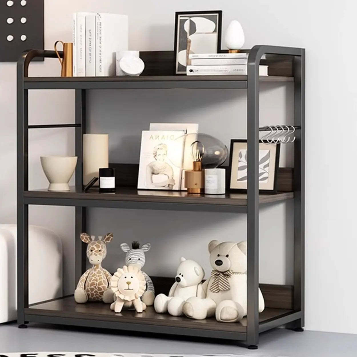 Brown Wood Open Metal Frame Wide Bookcase — Off-White