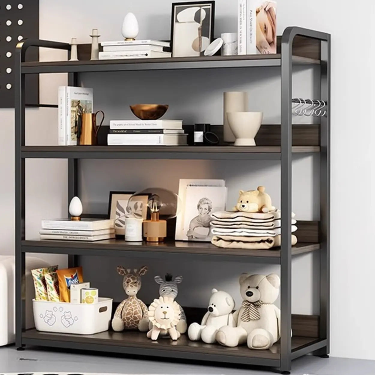 Brown Wood Open Metal Frame Wide Bookcase — Off-White