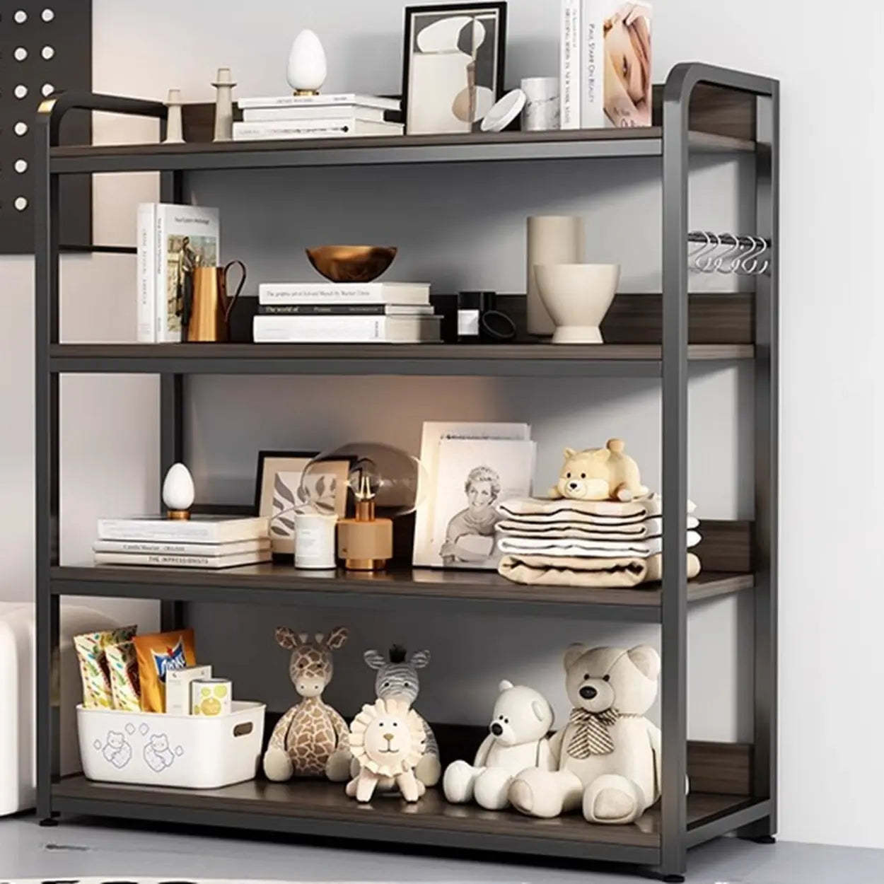 Brown Wood Open Metal Frame Wide Bookcase — Off-White