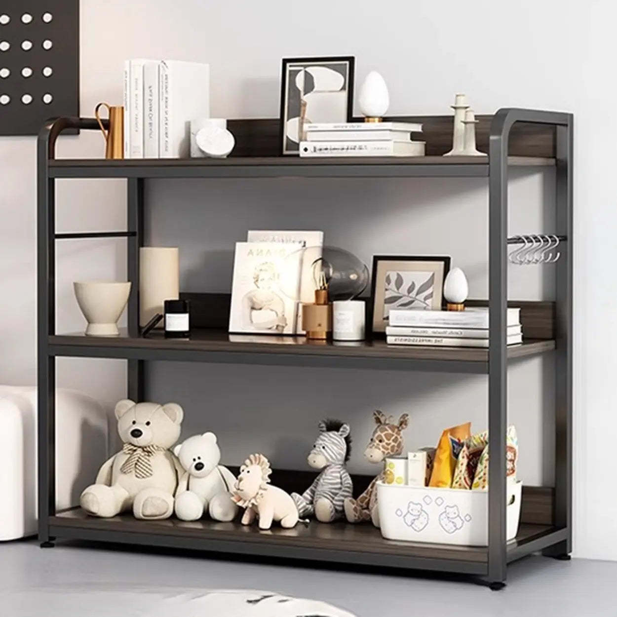 Brown Wood Open Metal Frame Wide Bookcase — Off-White