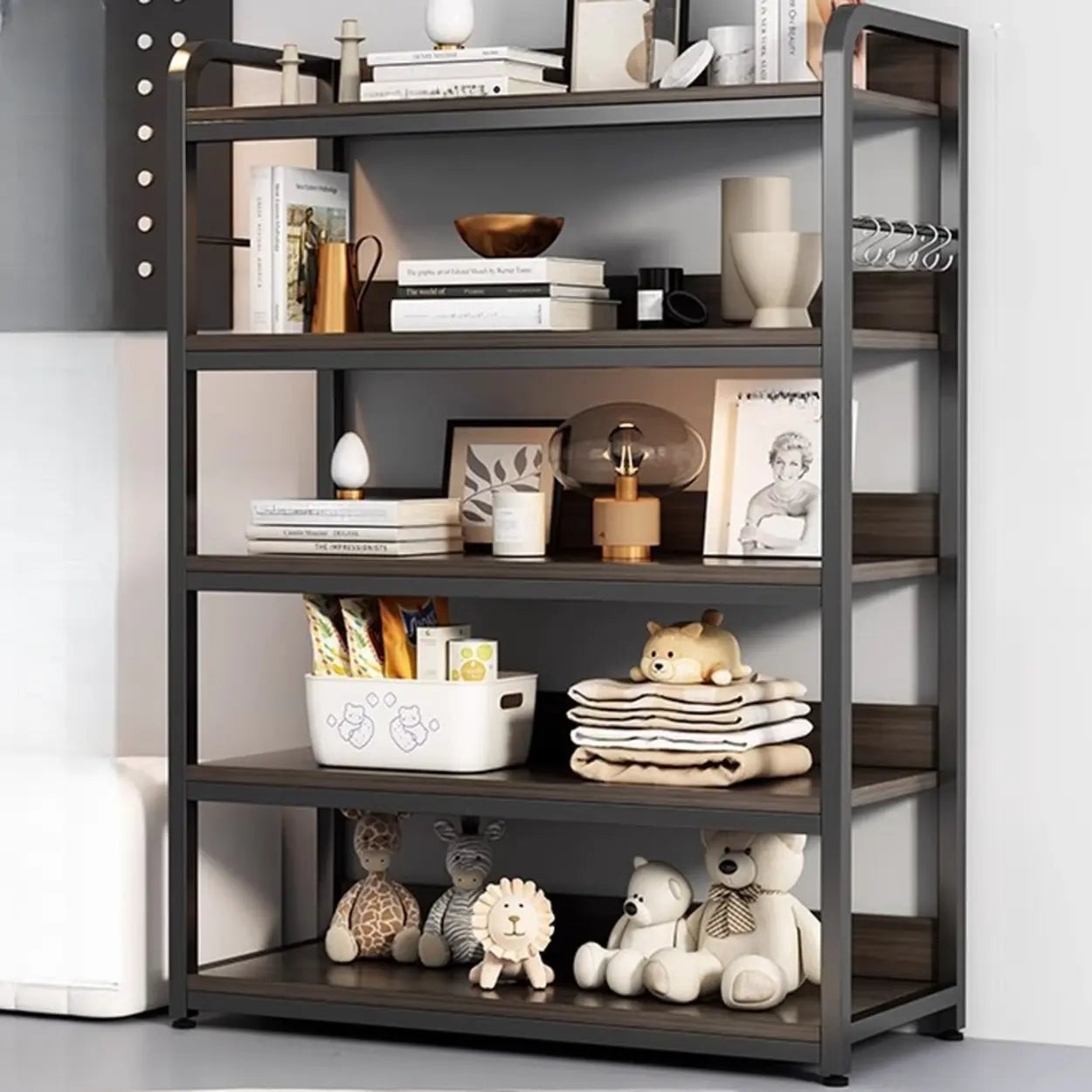 Brown Wood Open Metal Frame Wide Bookcase — Walnut