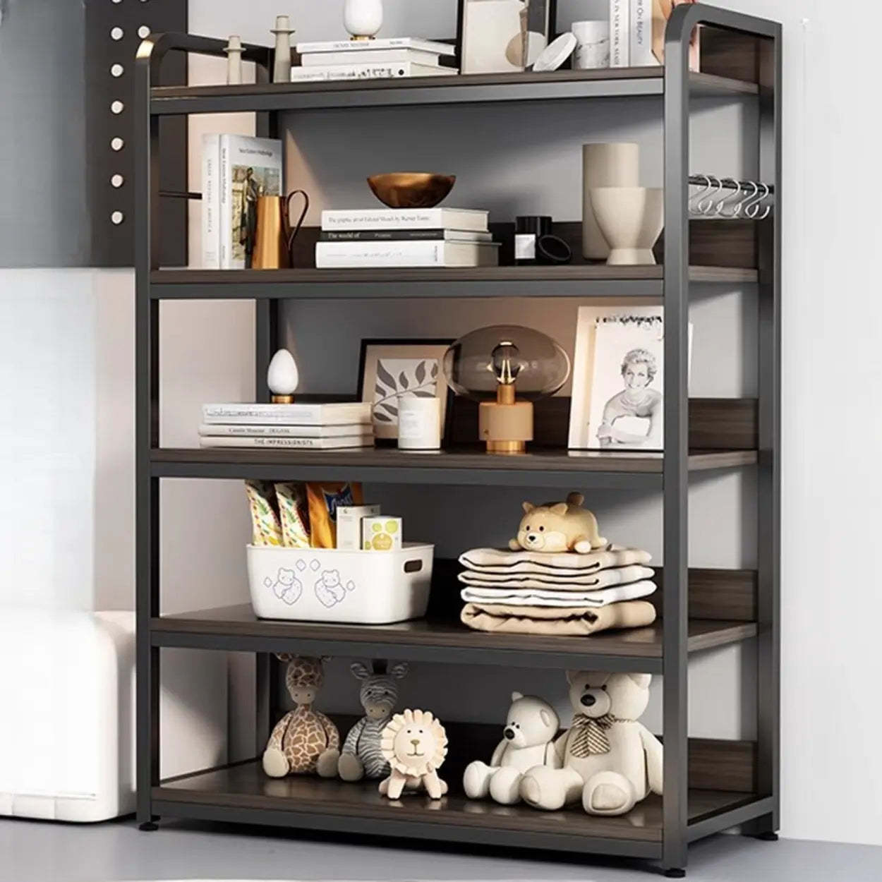 Brown Wood Open Metal Frame Wide Bookcase — Walnut