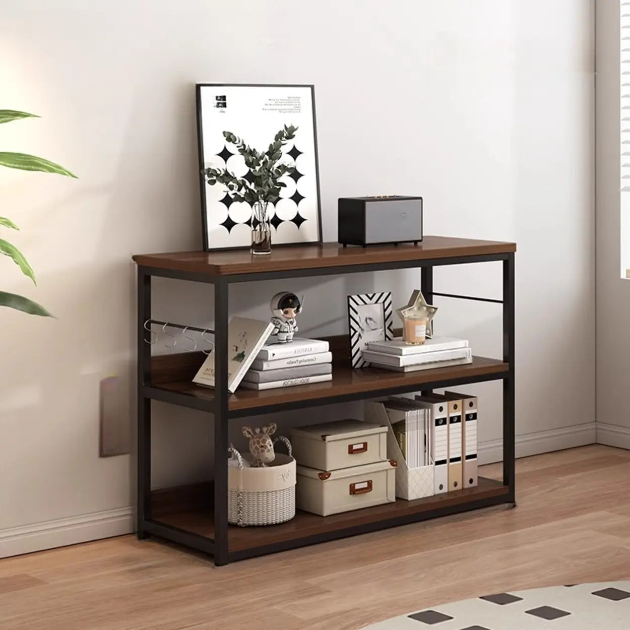 Brown Wood Open Metal Frame Wide Bookcase — Walnut