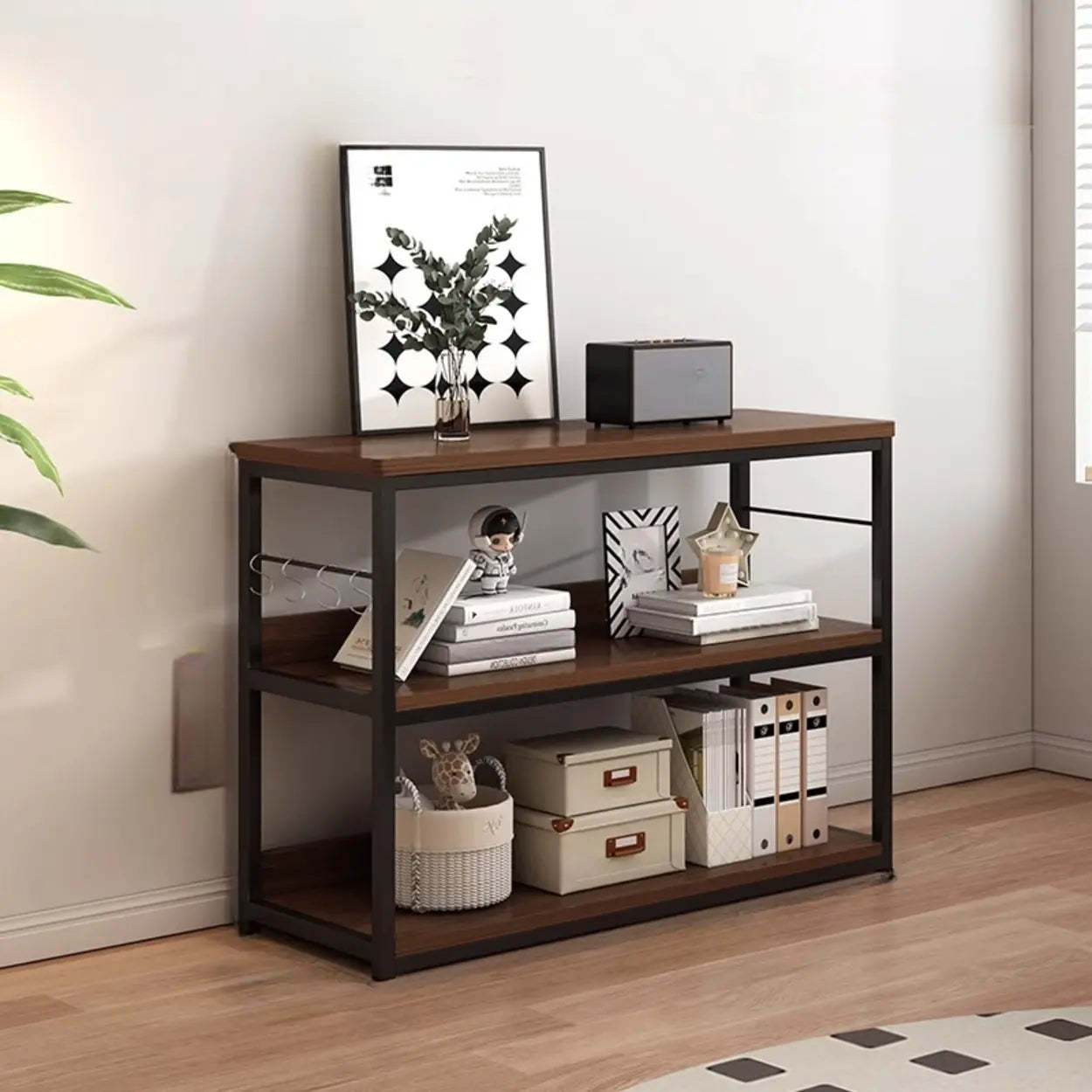 Brown Wood Open Metal Frame Wide Bookcase — Walnut