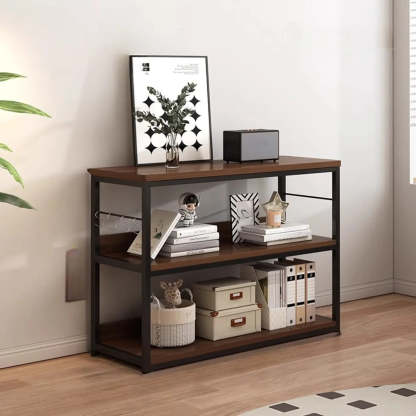 Brown Wood Open Metal Frame Wide Bookcase — Walnut