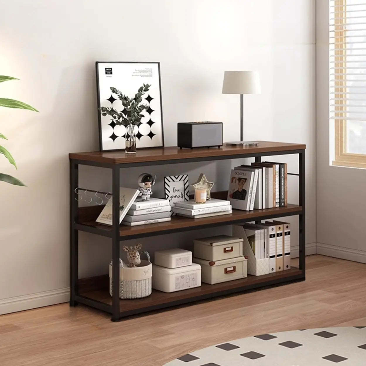 Brown Wood Open Metal Frame Wide Bookcase — Walnut