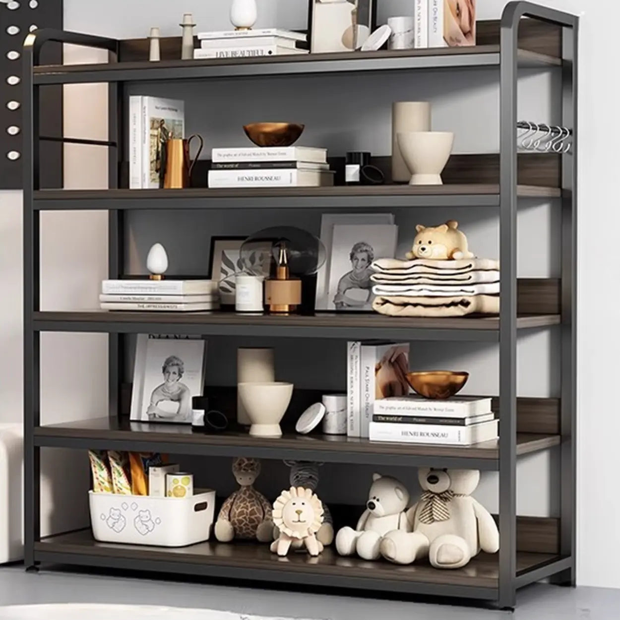 Brown Wood Open Metal Frame Wide Bookcase — Walnut