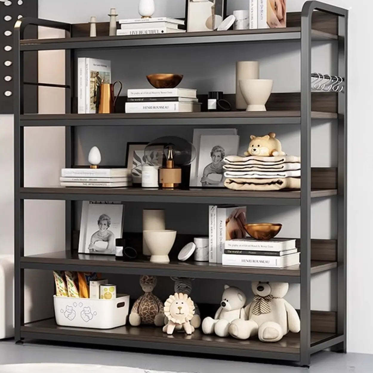 Brown Wood Open Metal Frame Wide Bookcase — Walnut