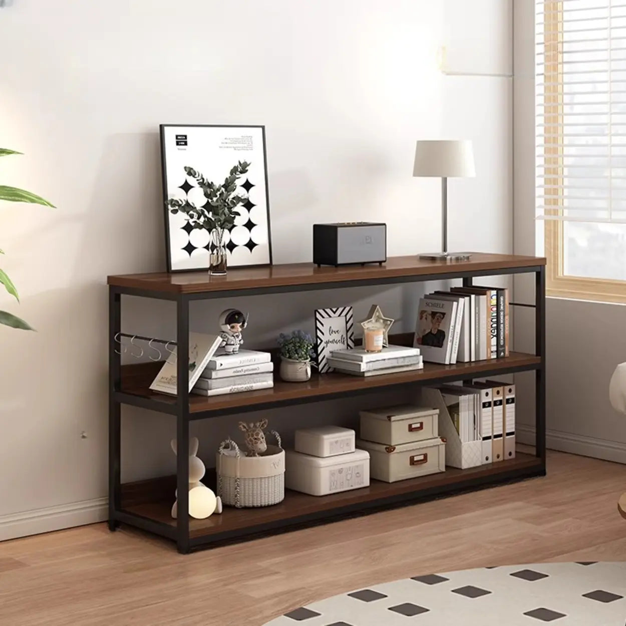 Brown Wood Open Metal Frame Wide Bookcase — Walnut