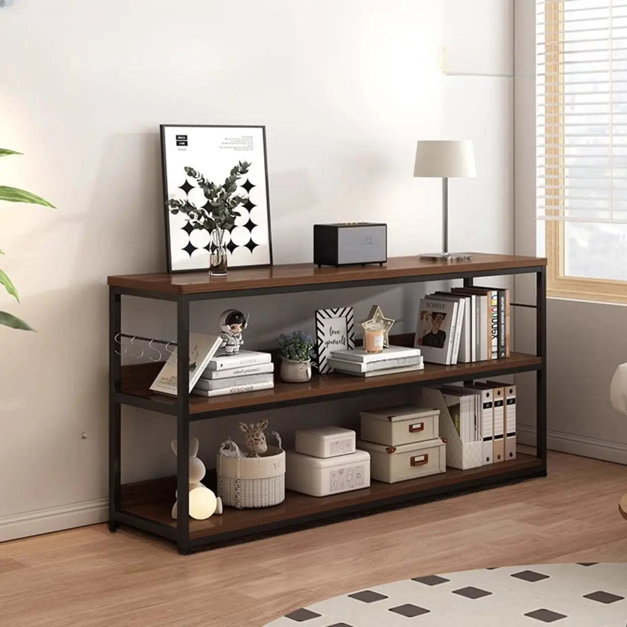 Brown Wood Open Metal Frame Wide Bookcase — Walnut